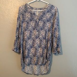 Blue, White, and Beige Patterned Blouse